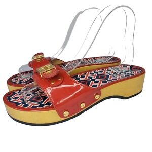 Tory Burch Red Patent Leather Wooden Mules Slides Sandals Womens Size 6.5 M Clog